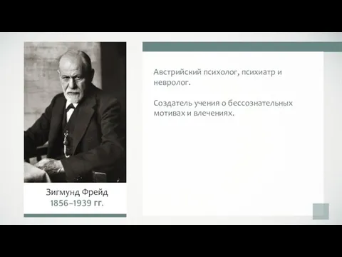 Австрийский психолог, психиатр и невролог. Создатель учения о бессознательных мотивах и влечениях. Зигмунд Фрейд 1856–1939 гг.