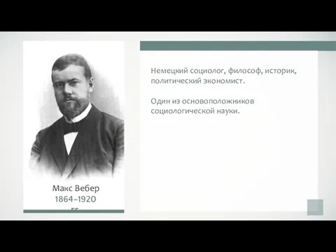 Немецкий социолог, философ, историк, политический экономист. Один из основоположников социологической науки. Макс Вебер 1864–1920 гг.