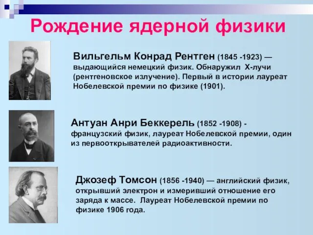 Рождение ядерной физики Вильгельм Конрад Рентген (1845 -1923) — выдающийся немецкий