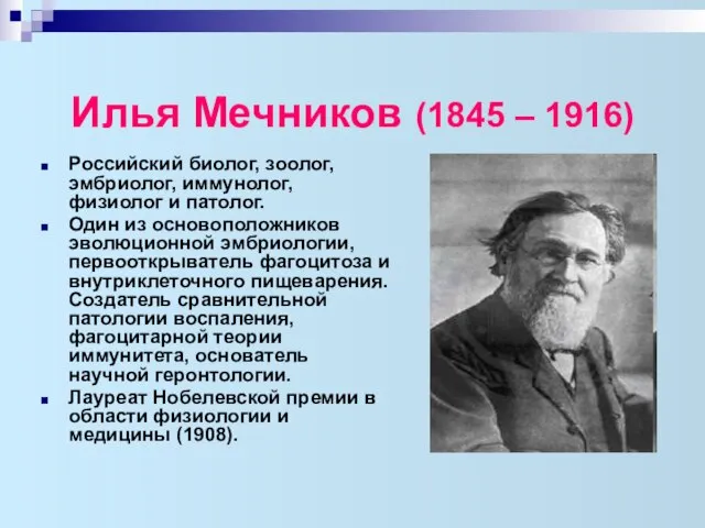 Илья Мечников (1845 – 1916) Российский биолог, зоолог, эмбриолог, иммунолог, физиолог