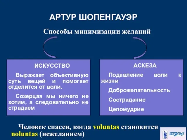 АРТУР ШОПЕНГАУЭР Способы минимизации желаний Человек спасен, когда voluntas становится noluntas