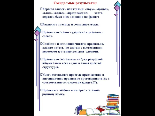 Ожидаемые результаты: Хорошо владеть понятиями: «звук», «буква», «слог», «слово», «предложение»; знать