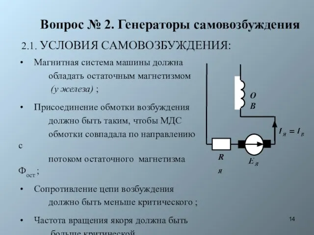 Вопрос № 2. Генераторы самовозбуждения Магнитная система машины должна обладать остаточным