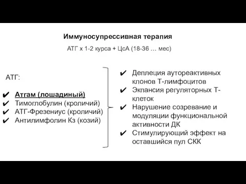 Иммуносупрессивная терапия АТГ х 1-2 курса + ЦсА (18-36 … мес)