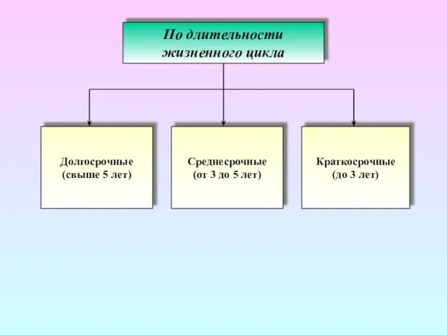 По длительности жизненного цикла Долгосрочные (свыше 5 лет) Среднесрочные (от 3