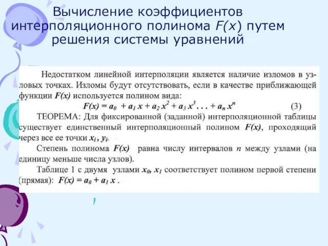 Вычисление коэффициентов интерполяционного полинома F(x) путем решения системы уравнений