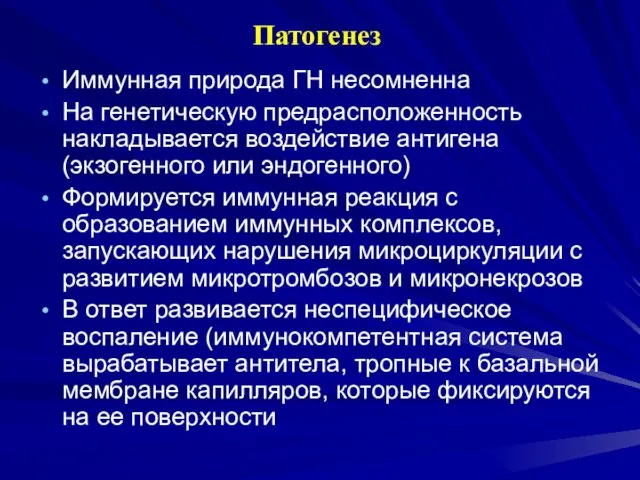 Патогенез Иммунная природа ГН несомненна На генетическую предрасположенность накладывается воздействие антигена