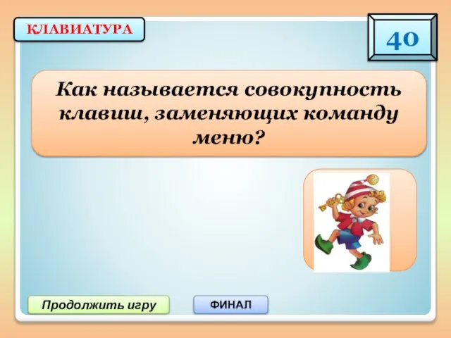 Продолжить игру ФИНАЛ Как называется совокупность клавиш, заменяющих команду меню? КЛАВИАТУРА 40 Горячие клавиши