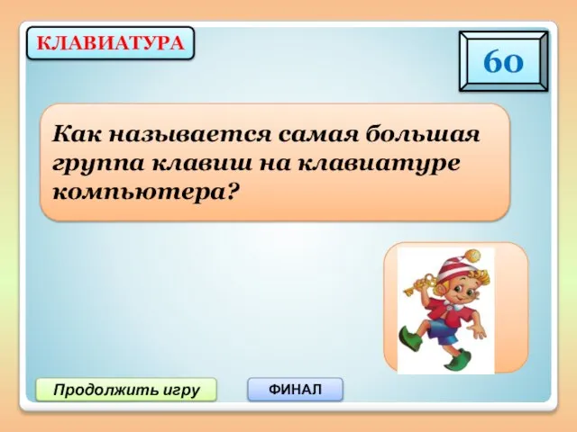 КЛАВИАТУРА 60 Продолжить игру ФИНАЛ Группа алфавитно-цифровых клавиш Как называется самая