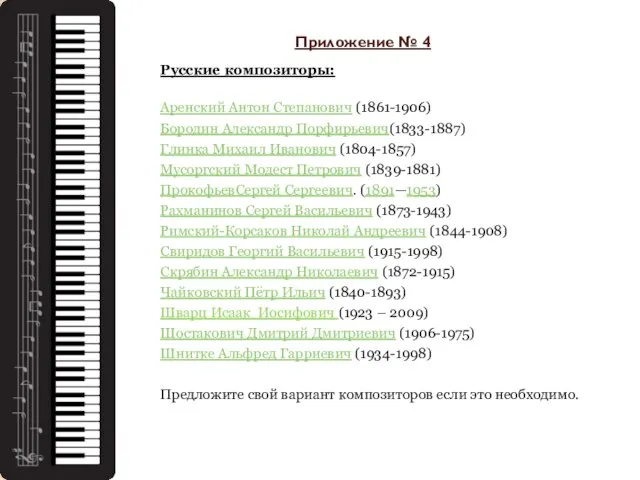 Приложение № 4 Русские композиторы: Аренский Антон Степанович (1861-1906) Бородин Александр