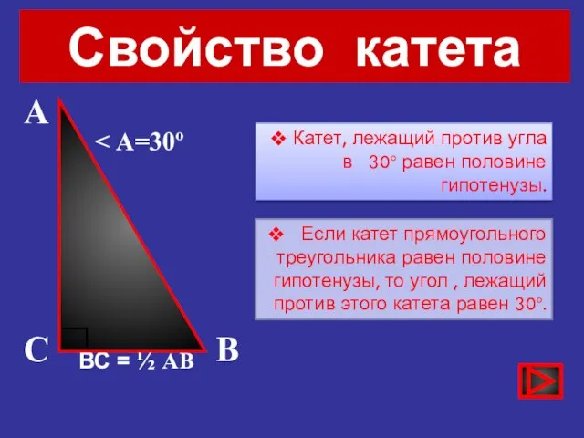 ВС = ½ АВ Свойство катета Катет, лежащий против угла в