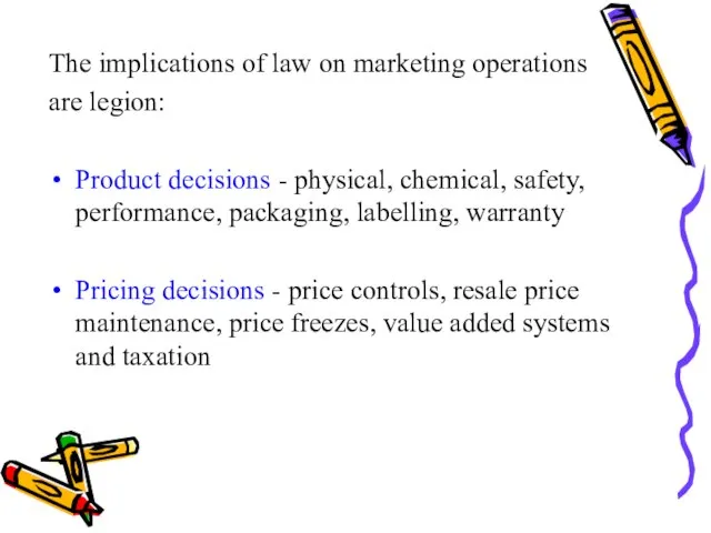 The implications of law on marketing operations are legion: Product decisions