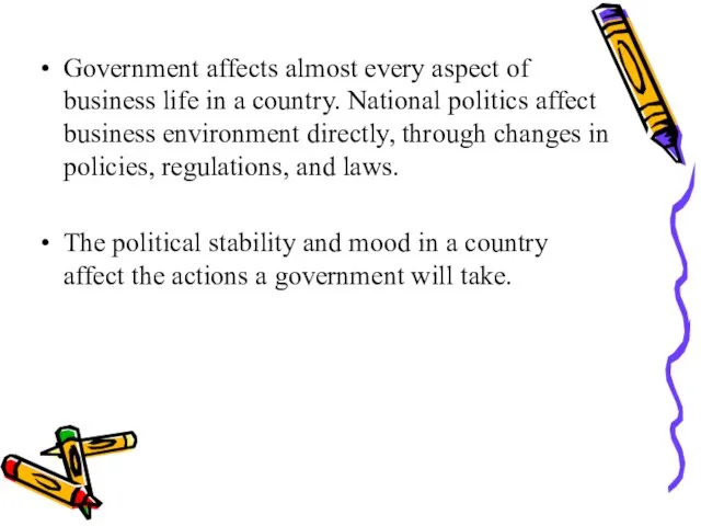 Government affects almost every aspect of business life in a country.