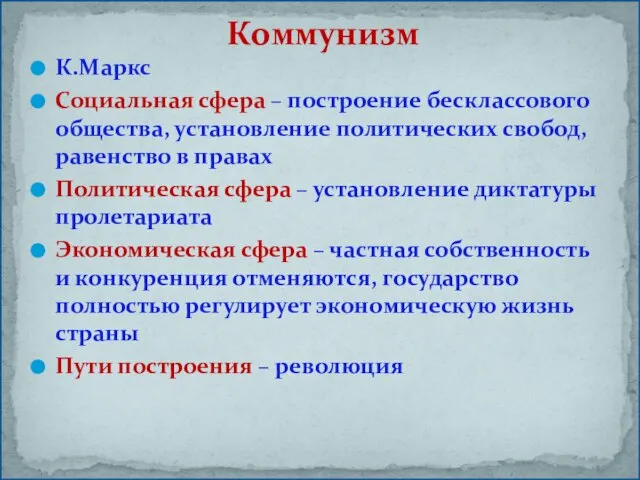 К.Маркс Социальная сфера – построение бесклассового общества, установление политических свобод, равенство