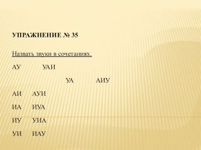 УПРАЖНЕНИЕ № 35 Назвать звуки в сочетаниях. АУ УАИ УА АИУ