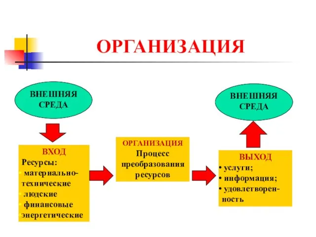 ОРГАНИЗАЦИЯ ВНЕШНЯЯ СРЕДА ВХОД Ресурсы: материально-технические людские финансовые энергетические ВЫХОД услуги;