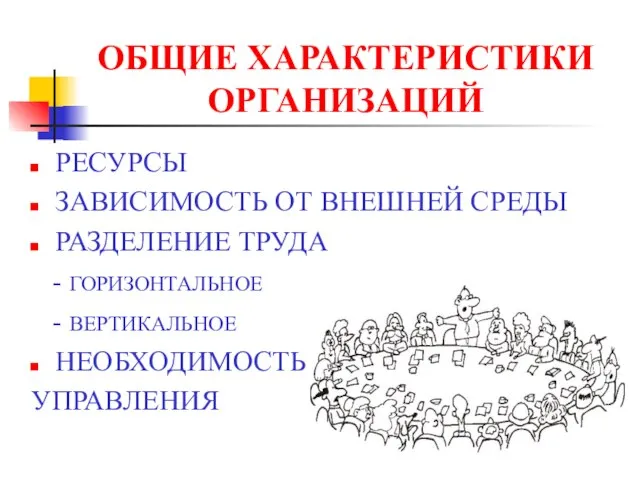 ОБЩИЕ ХАРАКТЕРИСТИКИ ОРГАНИЗАЦИЙ РЕСУРСЫ ЗАВИСИМОСТЬ ОТ ВНЕШНЕЙ СРЕДЫ РАЗДЕЛЕНИЕ ТРУДА - ГОРИЗОНТАЛЬНОЕ - ВЕРТИКАЛЬНОЕ НЕОБХОДИМОСТЬ УПРАВЛЕНИЯ