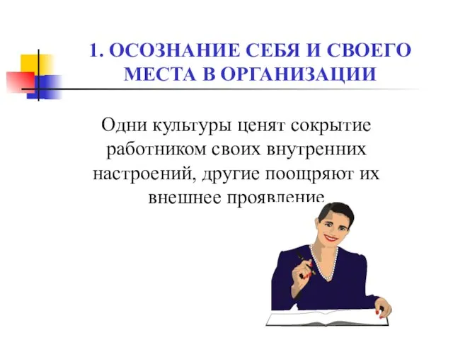 1. ОСОЗНАНИЕ СЕБЯ И СВОЕГО МЕСТА В ОРГАНИЗАЦИИ Одни культуры ценят