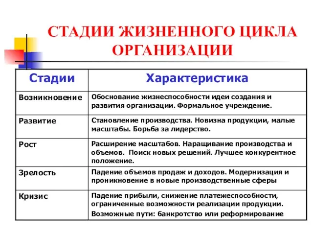 СТАДИИ ЖИЗНЕННОГО ЦИКЛА ОРГАНИЗАЦИИ