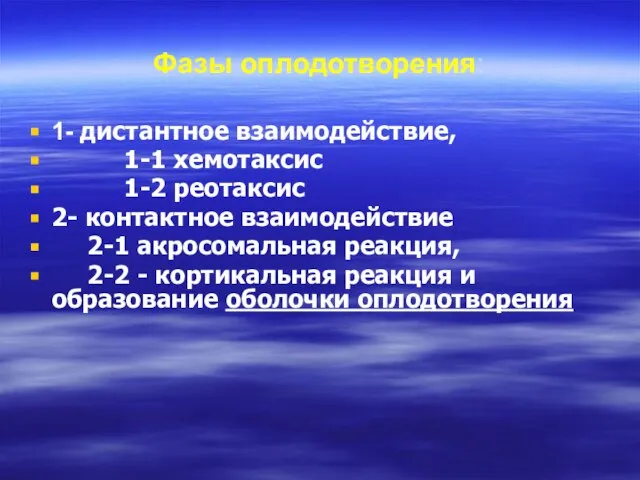 Фазы оплодотворения: 1- дистантное взаимодействие, 1-1 хемотаксис 1-2 реотаксис 2- контактное