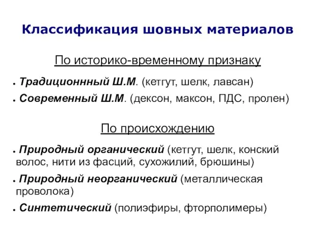 Классификация шовных материалов По историко-временному признаку Традиционнный Ш.М. (кетгут, шелк, лавсан)