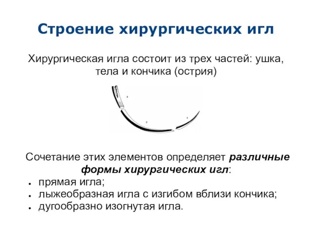 Строение хирургических игл Хирургическая игла состоит из трех частей: ушка, тела