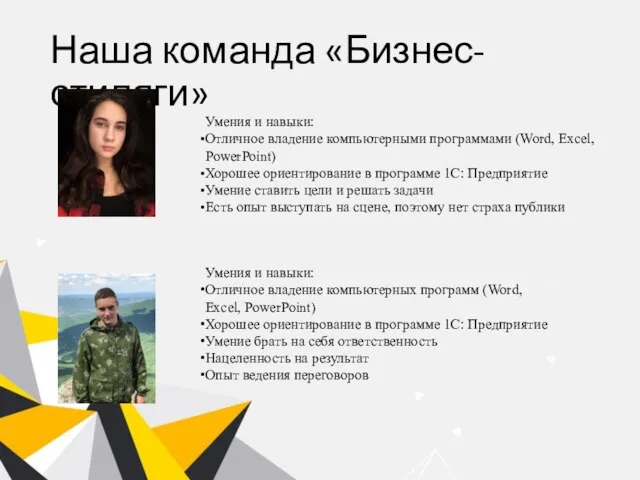 Наша команда «Бизнес-стиляги» Умения и навыки: Отличное владение компьютерными программами (Word,