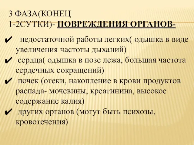 3 ФАЗА(КОНЕЦ 1-2СУТКИ)- ПОВРЕЖДЕНИЯ ОРГАНОВ- недостаточной работы легких( одышка в виде