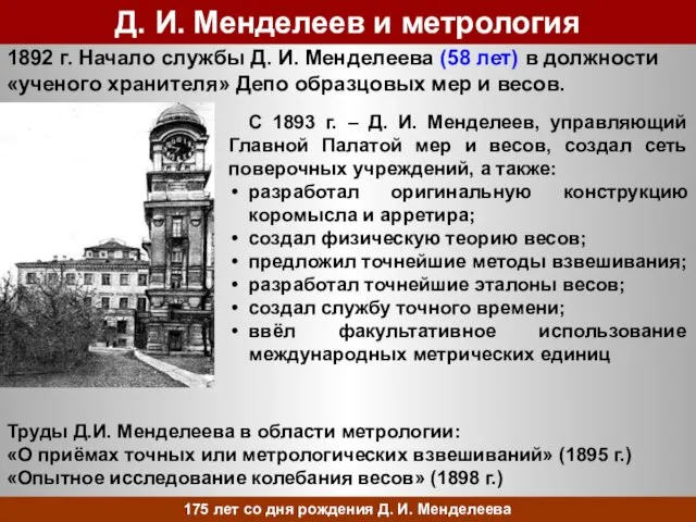 Д. И. Менделеев и метрология 1892 г. Начало службы Д. И.