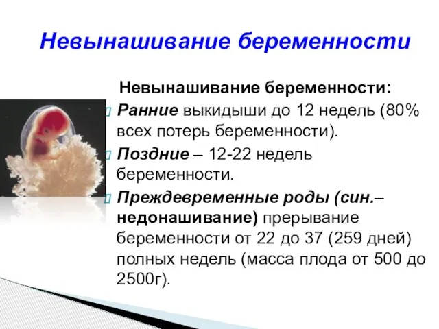 Невынашивание беременности: Ранние выкидыши до 12 недель (80% всех потерь беременности).