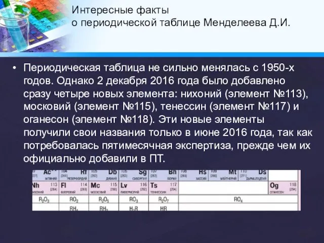 Периодическая таблица не сильно менялась с 1950-х годов. Однако 2 декабря