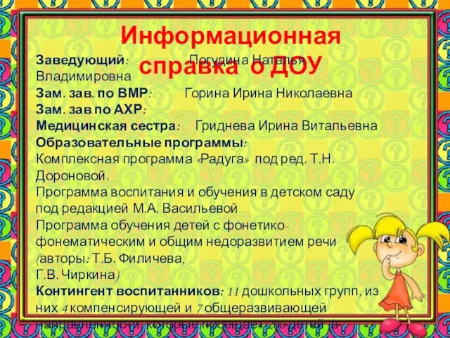 Информационная справка о ДОУ Заведующий: Погудина Наталья Владимировна Зам. зав. по