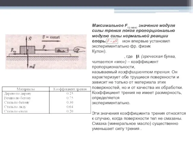 Максимальное Fтр.макс значение модуля силы трения покоя пропорционально модулю силы нормальной