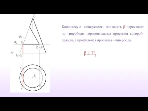 Коническую поверхность плоскость β пересекает по гиперболе, горизонтальная проекция которой-прямая, а профильная проекция –гипербола. β⊥Π3