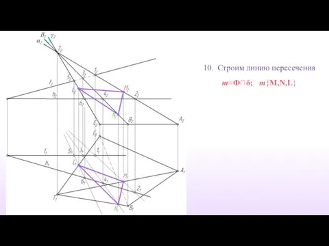 10. Строим линию пересечения m≡Ф∩δ; m{M,N,L}