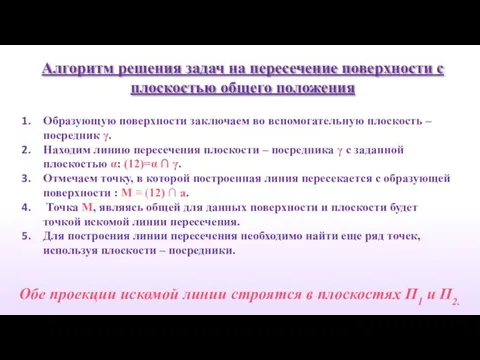 Алгоритм решения задач на пересечение поверхности с плоскостью общего положения Образующую