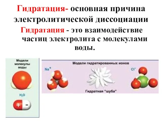 Гидратация- основная причина электролитической диссоциации Гидратация - это взаимодействие частиц электролита с молекулами воды.