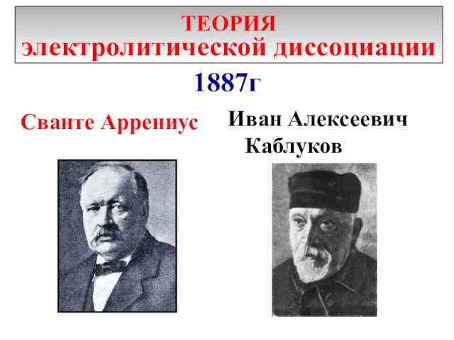 1887г Иван Алексеевич Каблуков Сванте Аррениус ТЕОРИЯ электролитической диссоциации