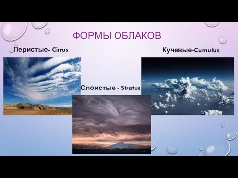 ФОРМЫ ОБЛАКОВ Перистые- Cirrus Кучевые-Cumulus Слоистые - Stratus