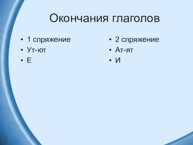 Окончания глаголов 1 спряжение Ут-ют Е 2 спряжение Ат-ят И