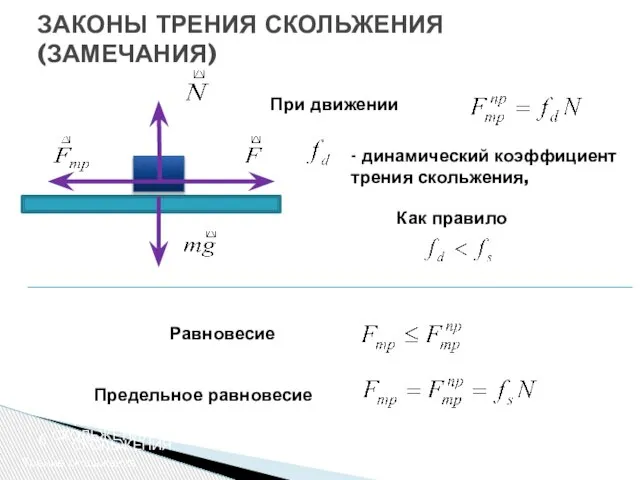 ЗАКОНЫ ТРЕНИЯ СКОЛЬЖЕНИЯ (ЗАМЕЧАНИЯ) Трение скольжения ТРЕНИЕ СКОЛЬЖЕНИЯ Трение скольжения При