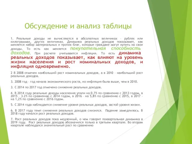 Обсуждение и анализ таблицы 1. Реальные доходы не вычисляются в абсолютных