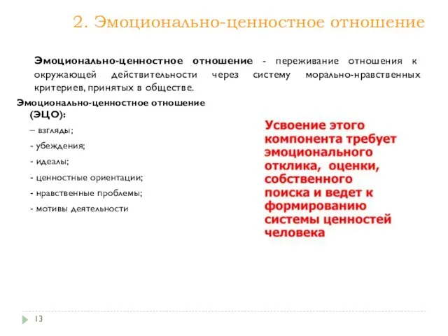 2. Эмоционально-ценностное отношение Эмоционально-ценностное отношение - переживание отношения к окружающей действительности