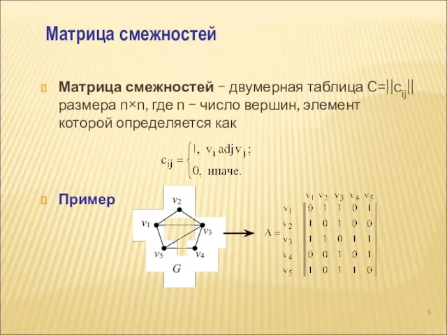 Матрица смежностей − двумерная таблица C=||cij|| размера n×n, где n −