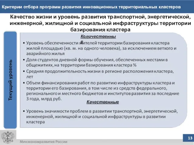 Критерии отбора программ развития инновационных территориальных кластеров Научно-технологический и образовательный потенциал