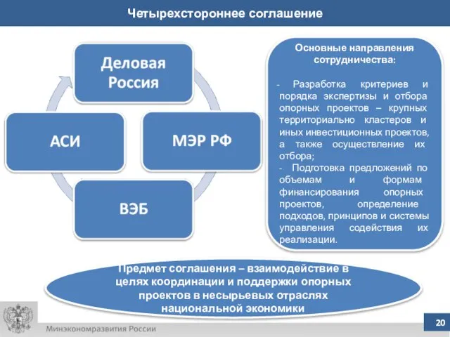 Четырехстороннее соглашение Основные направления сотрудничества: Разработка критериев и порядка экспертизы и