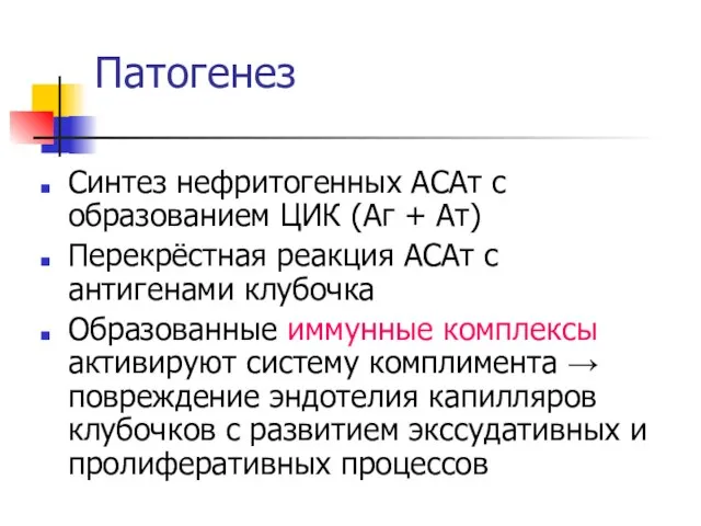 Патогенез Синтез нефритогенных АСАт с образованием ЦИК (Аг + Ат) Перекрёстная