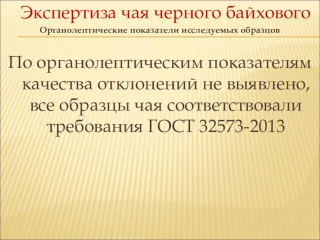 Экспертиза чая черного байхового Органолептические показатели исследуемых образцов По органолептическим показателям