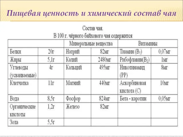 Пищевая ценность и химический состав чая