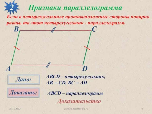 30.11.2012 www.konspekturoka.ru Признаки параллелограмма 2 Если в четырехугольнике противоположные стороны попарно